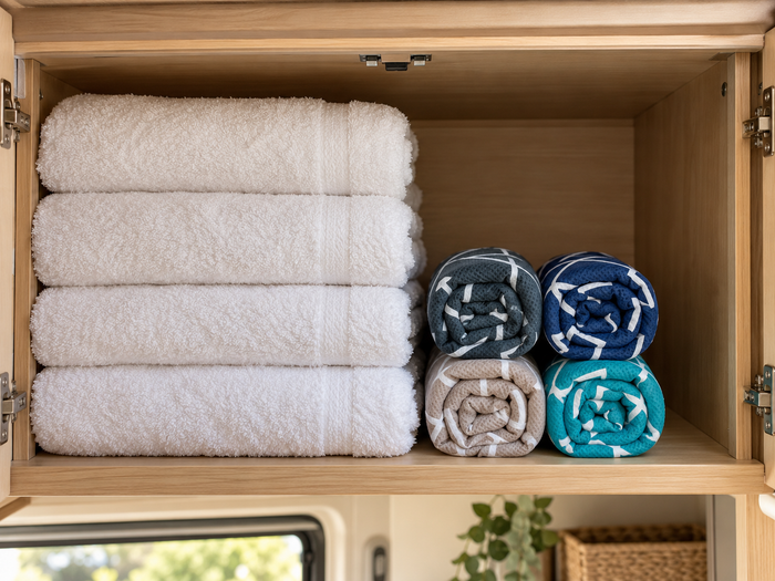 Four cotton bath towels fill a caravan shelf beside four rolled Newlyfe bath towels that take a fraction of the space.