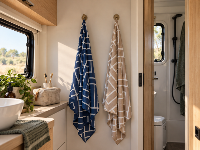Two dry Newlyfe bath towels, navy and sandstone, ready on hooks by a caravan bathroom door in the morning.